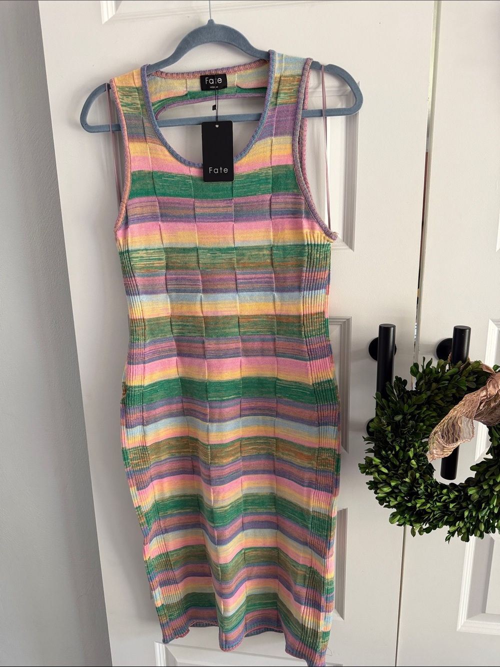 Fate Pastel Multi-Striped Ribbed knit Midi Dress medium